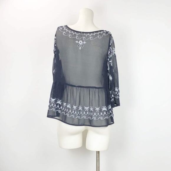 Free People Small Womens Black Sheer Embroidered Boho Blouse Top - Picture 2 of 6